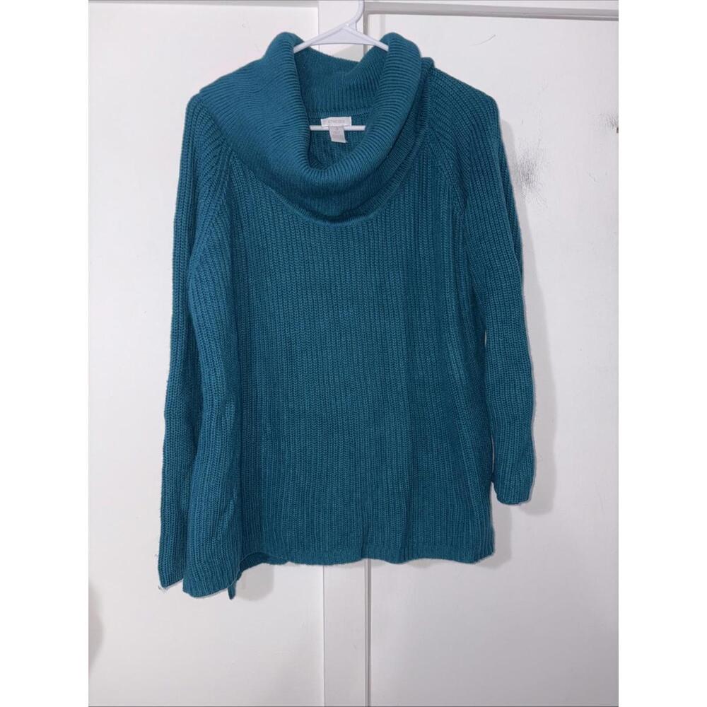 Chicos Sweater Womens Large Turquoise Ribbed Knit Cowl Neck Top Long Casual 3